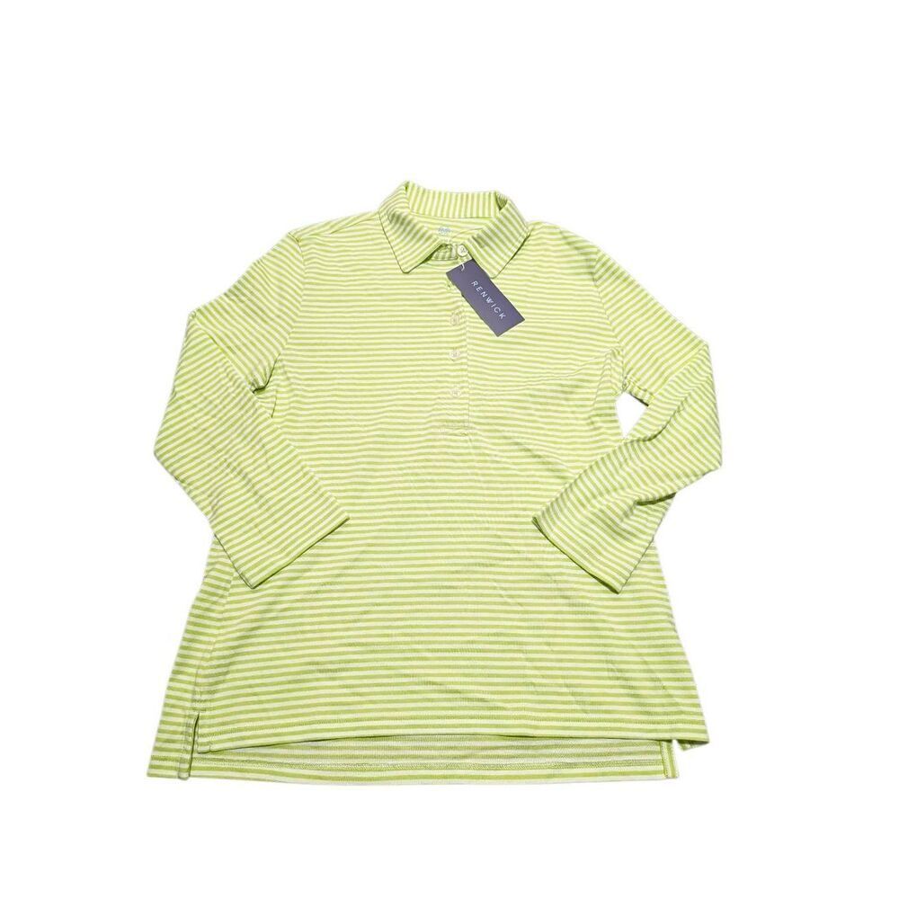 NWT Renwick 3/4 sleeve, collared polo in lime green and white stripe pattern mad